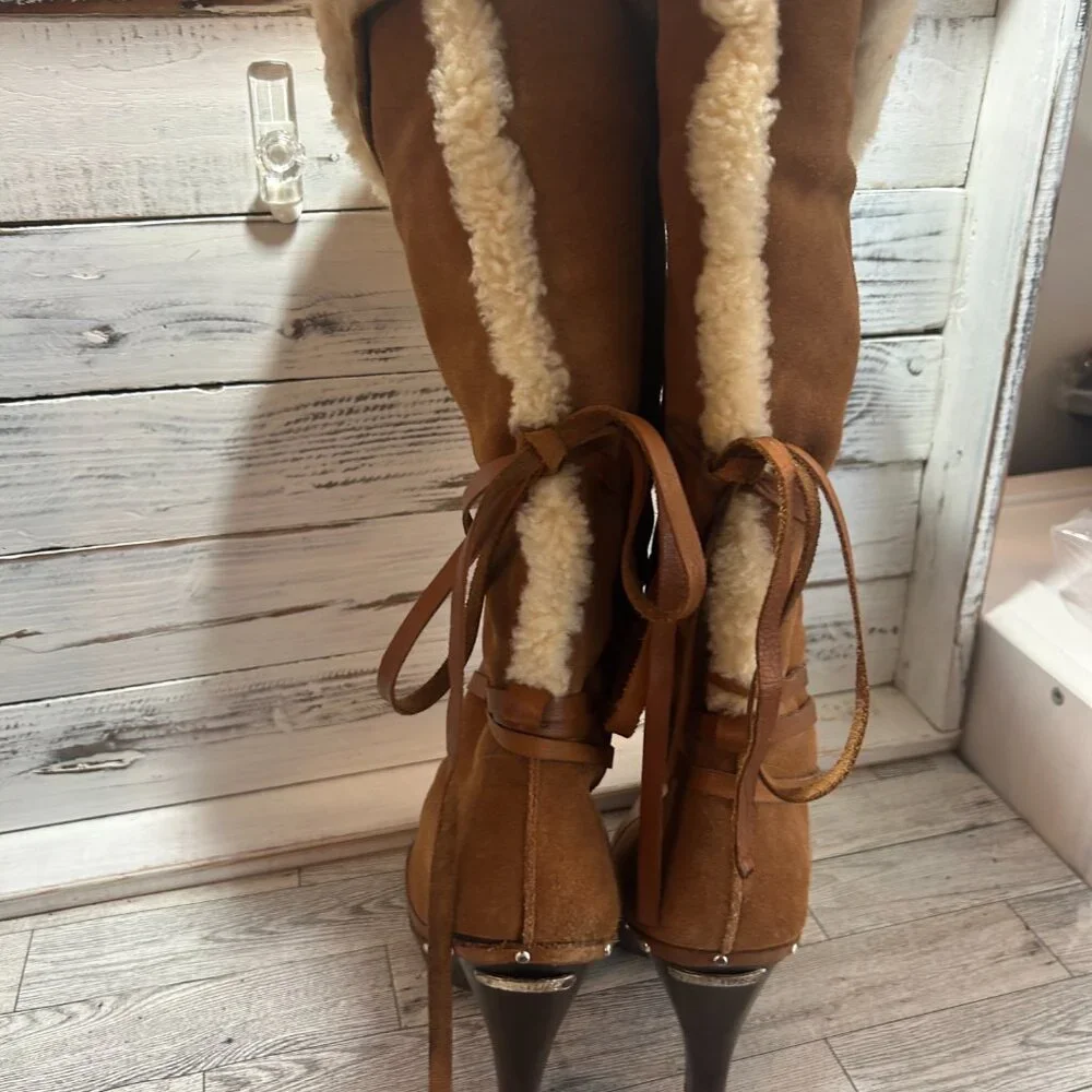 Michael Kors Tan Brown Over-the-Knee Shearling Trim Boots - Picture 3 of 11